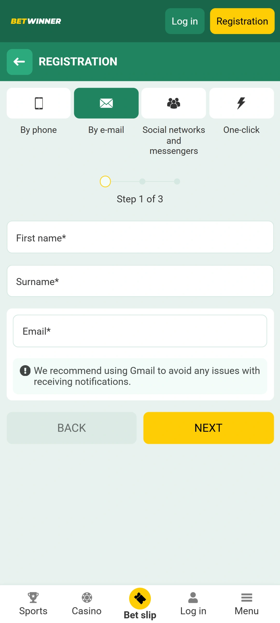 Fill out the registration form in the BetWinner app to join.