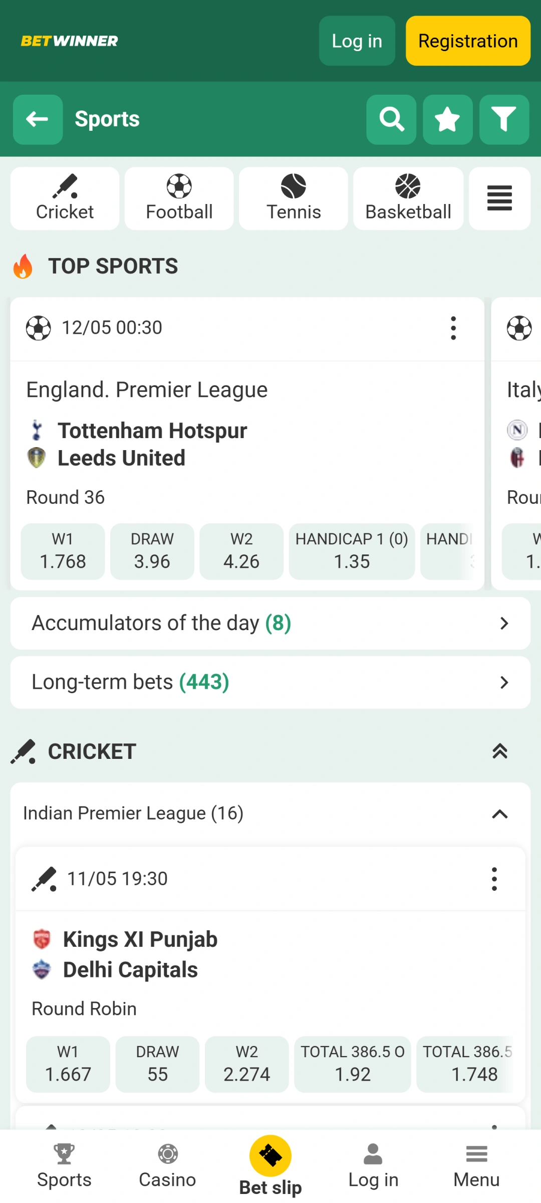 Select a sport category in the BetWinner app to place your bets.
