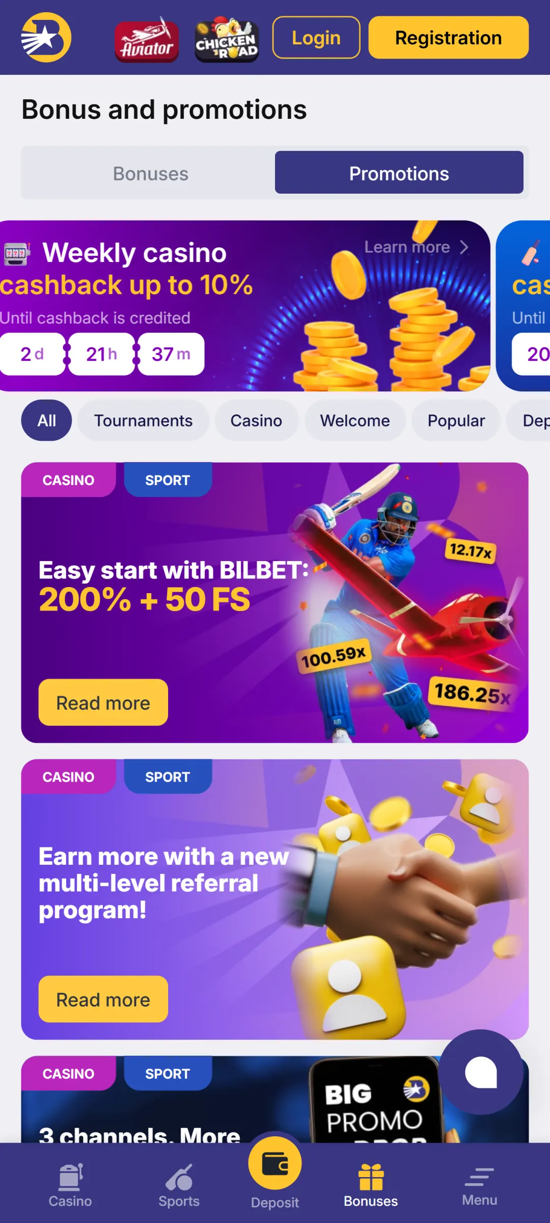 View all current promotions in the Bilbet app for extra benefits.