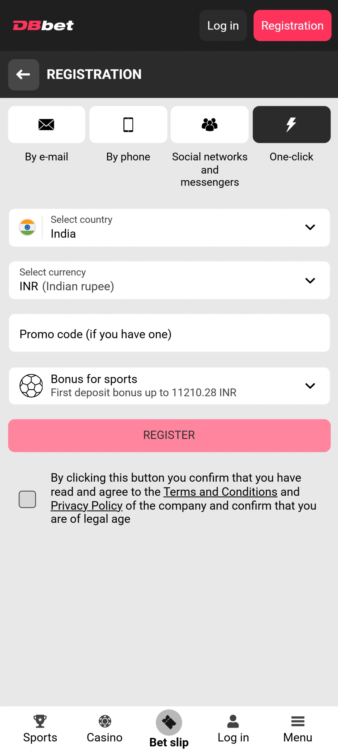 Open the registration form in the Dbbet app to create your account.