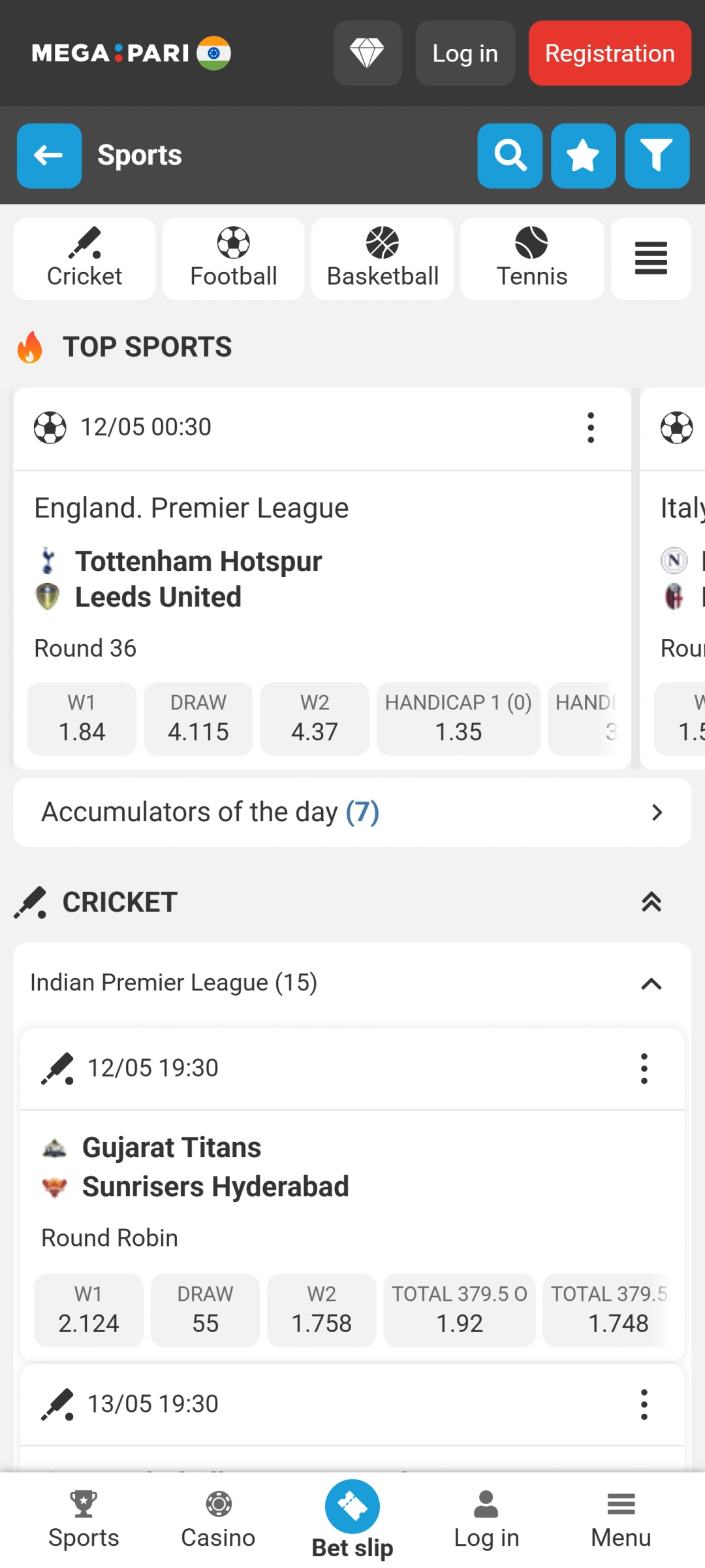 Select a sport event in the MegaPari app to place your bets.