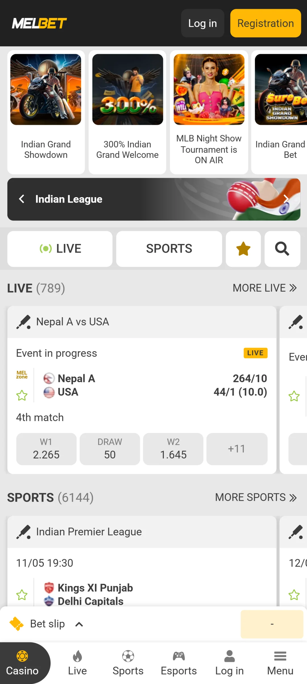 Navigate the main dashboard of the Melbet app to access all services.
