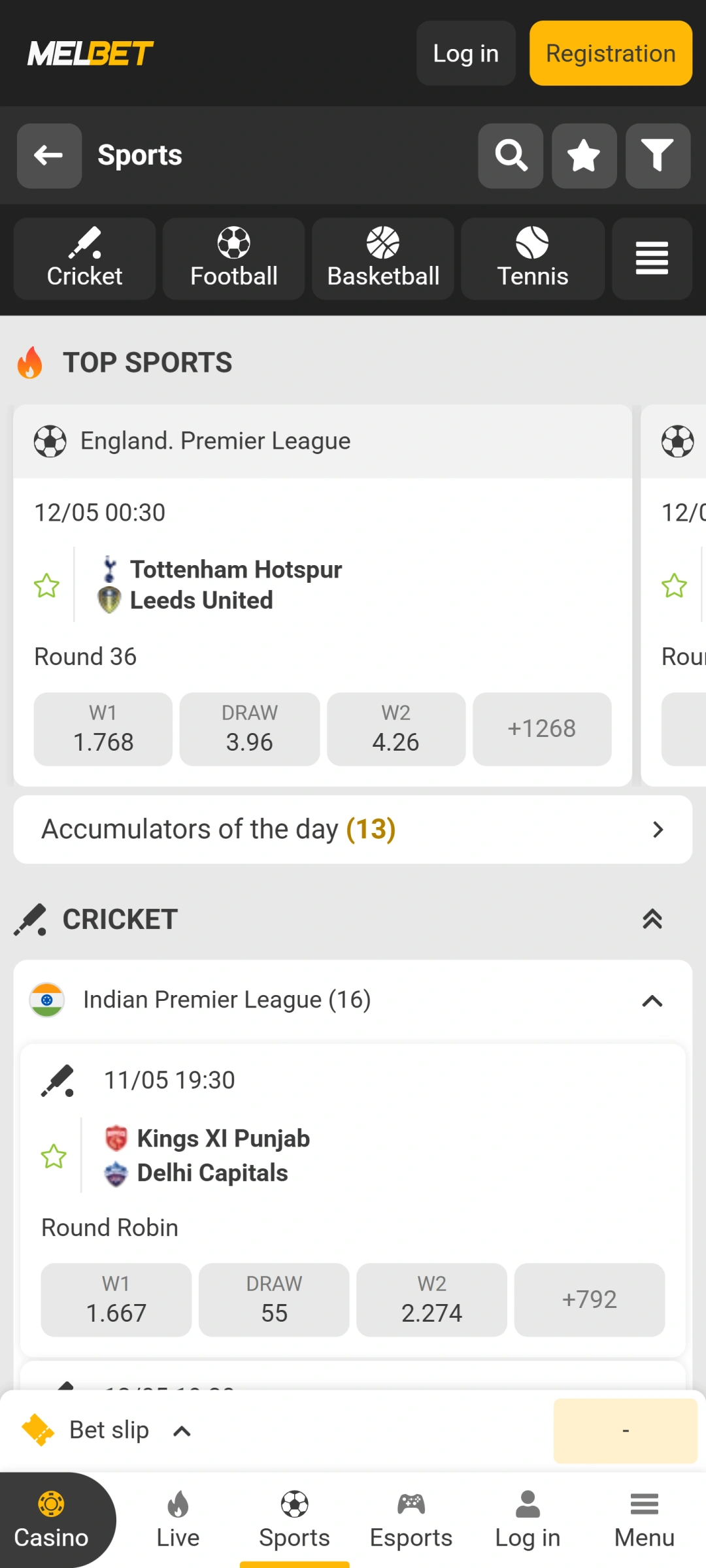 Select a sport event in the Melbet app and place a bet.