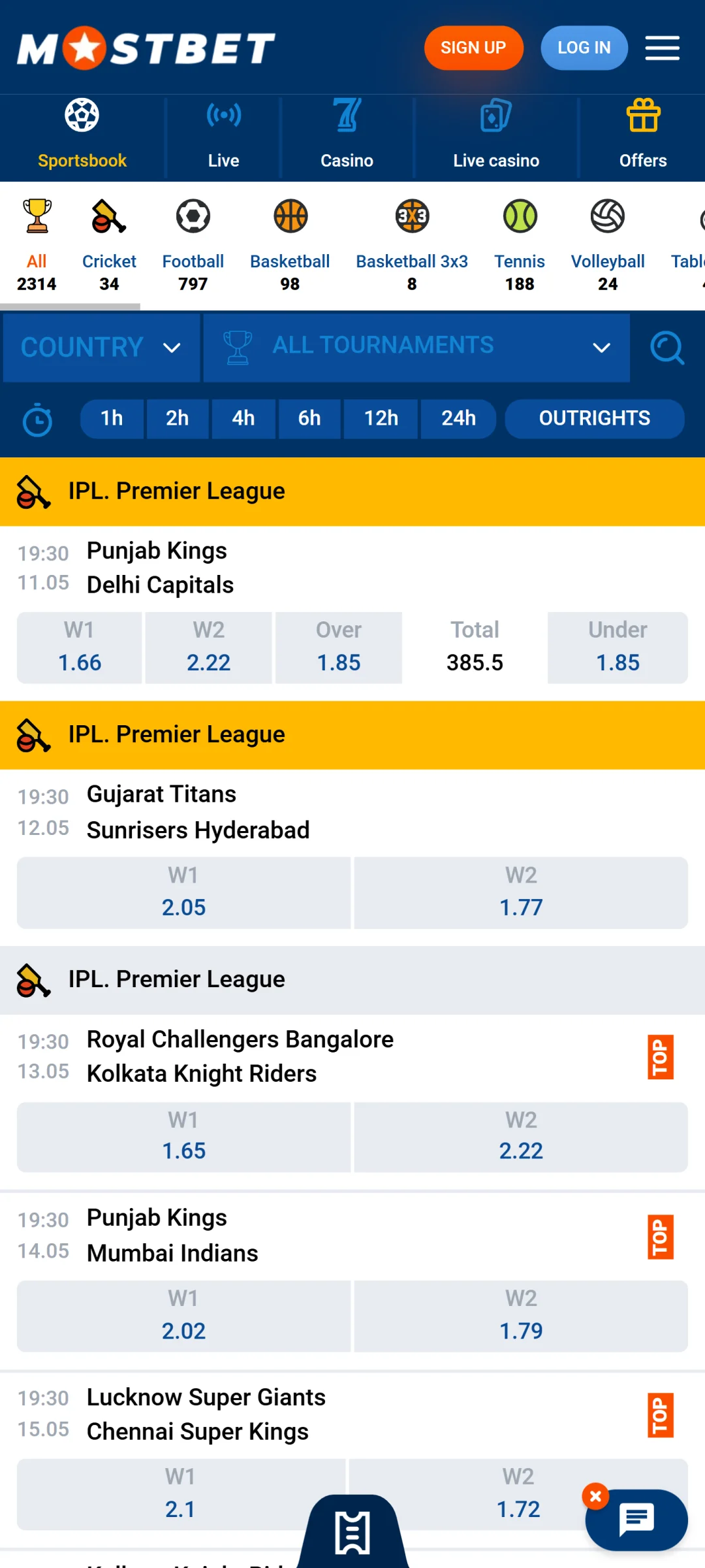 Choose a sport discipline in the Mostbet app and make a bet.