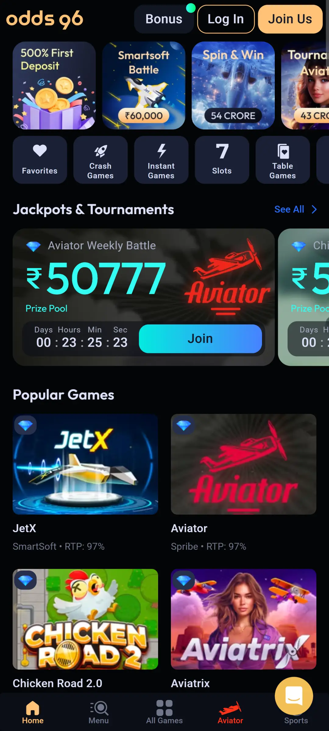 Visit the Odds96 app casino lobby and play thrilling gambling games.
