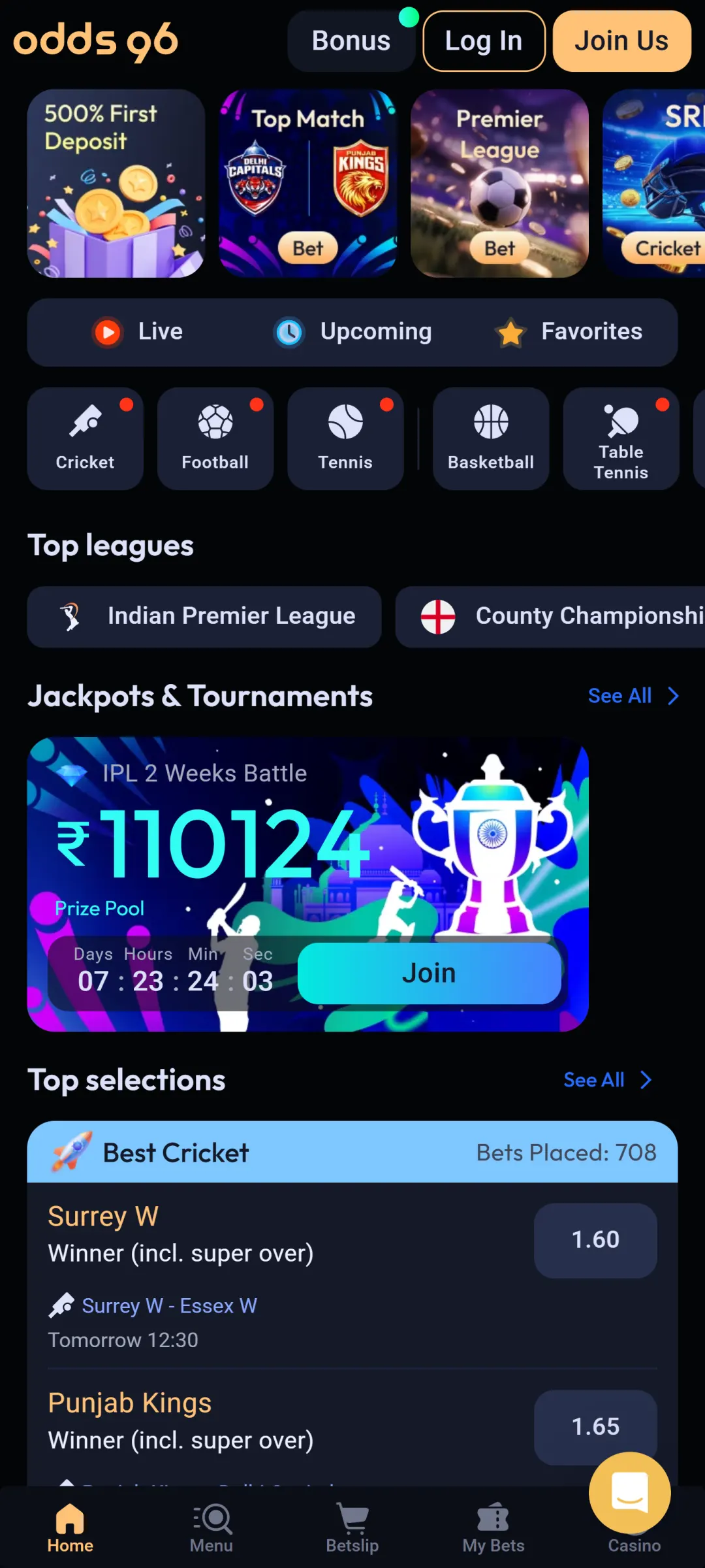 Pick a sport event in the Odds96 app and place your bets.