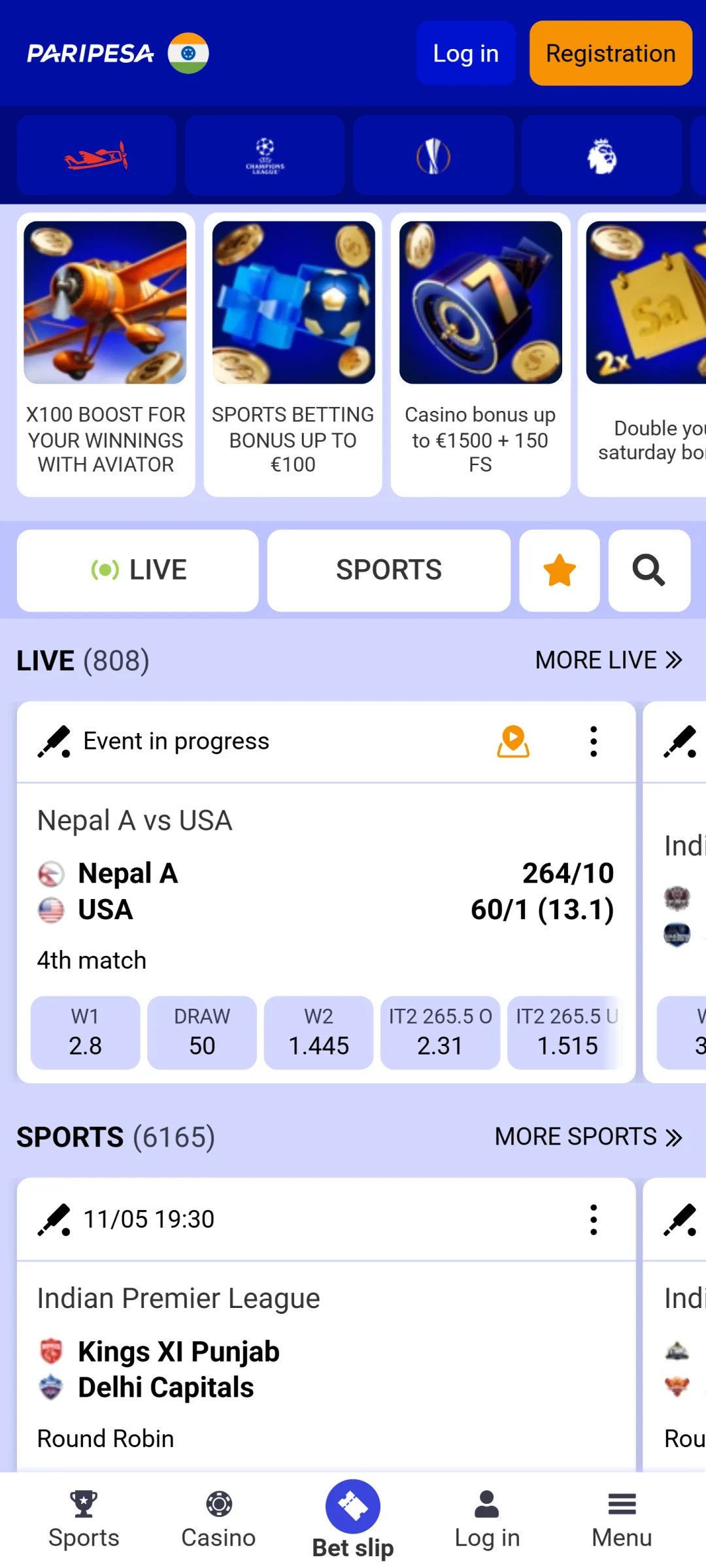 Launch the main screen of the Paripesa app to explore available features.