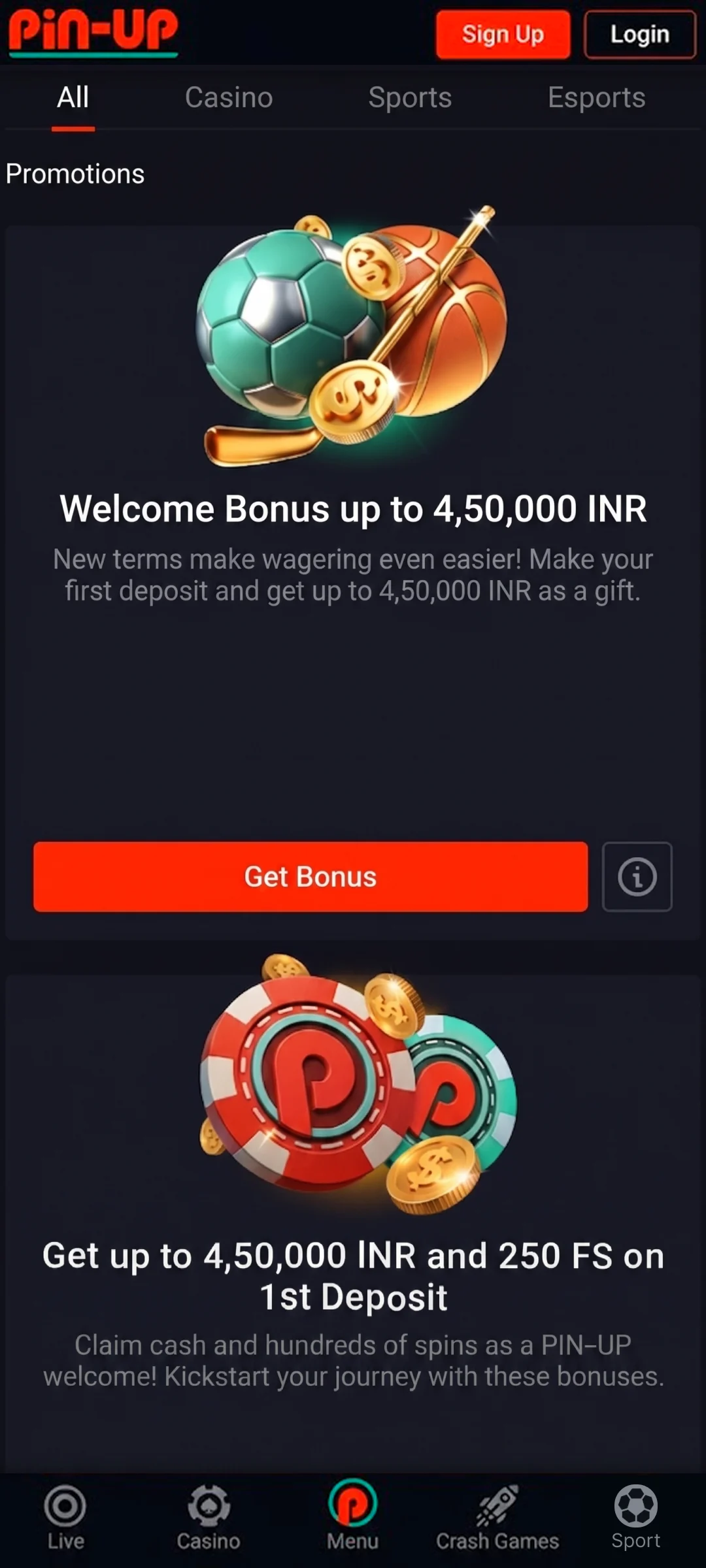 View all current promotions in the Pin-Up app for extra benefits.