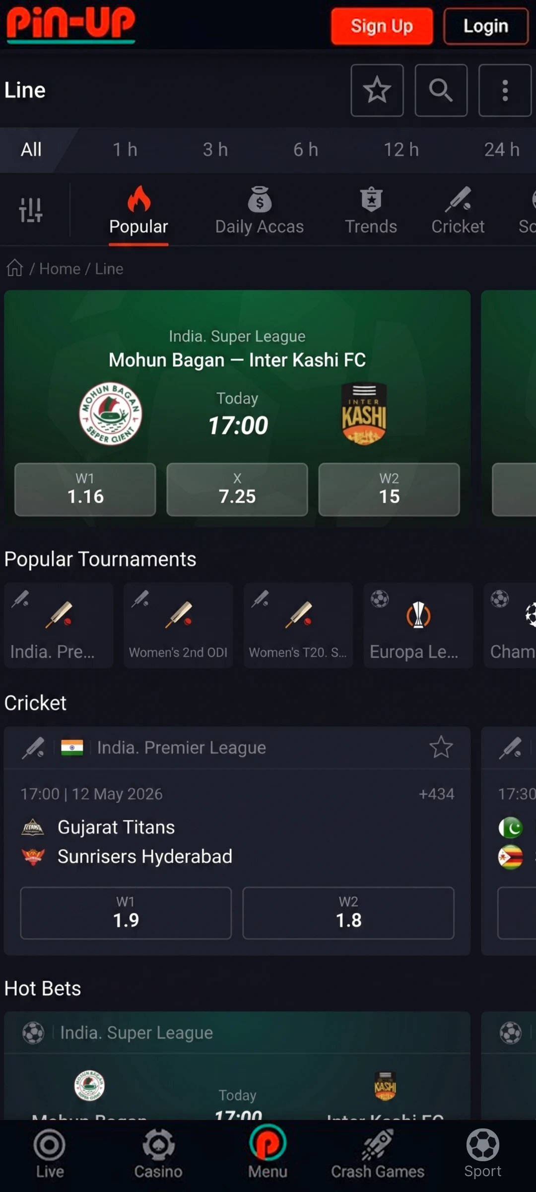 Select a sport match in the Pin-Up app and place your bets.