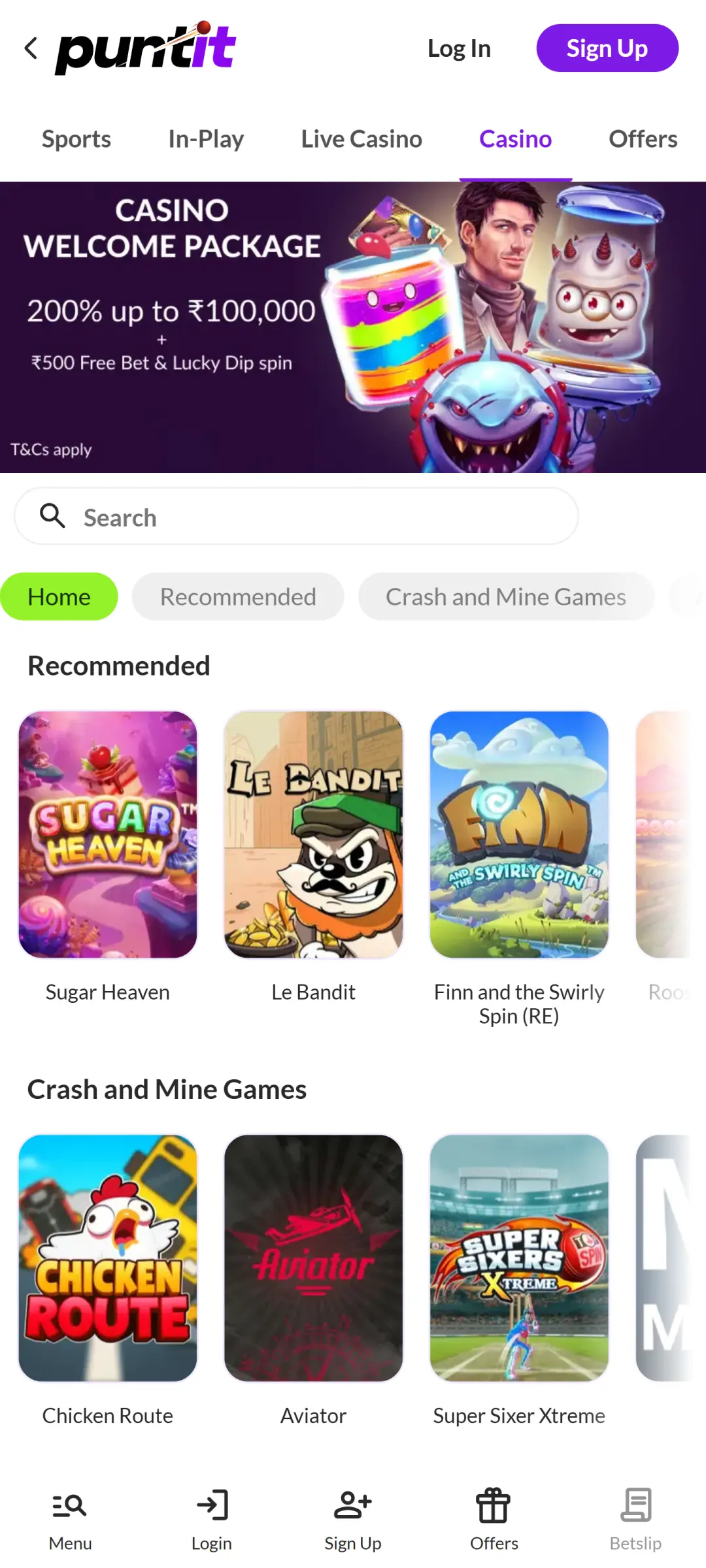 Visit the casino section in the Puntit app and play the best gambling games with big payouts.