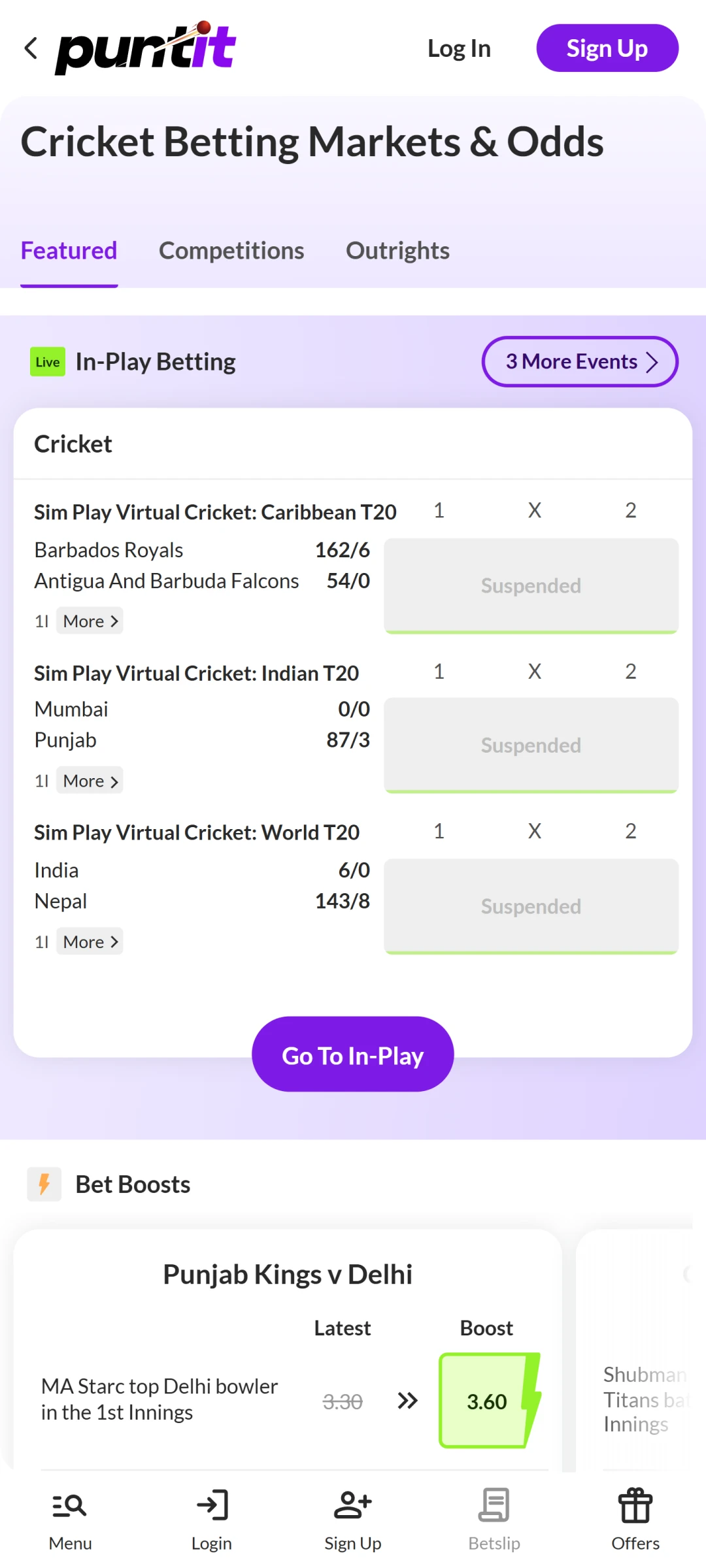Choose a sport discipline in the Puntit app to place bets.