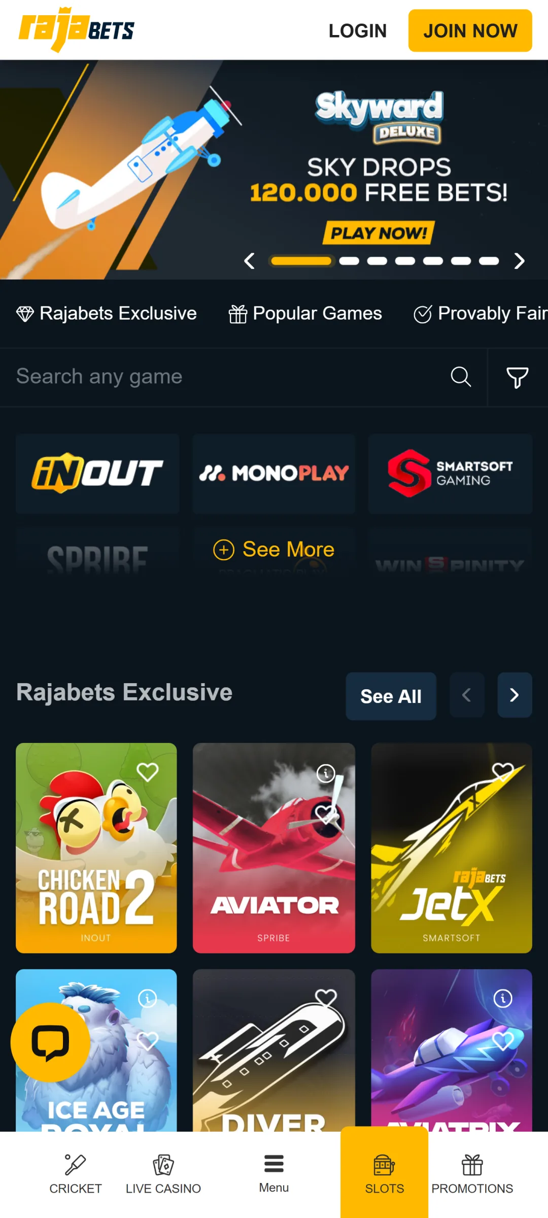 Visit the Rajabets app casino lobby and play exciting gambling games.