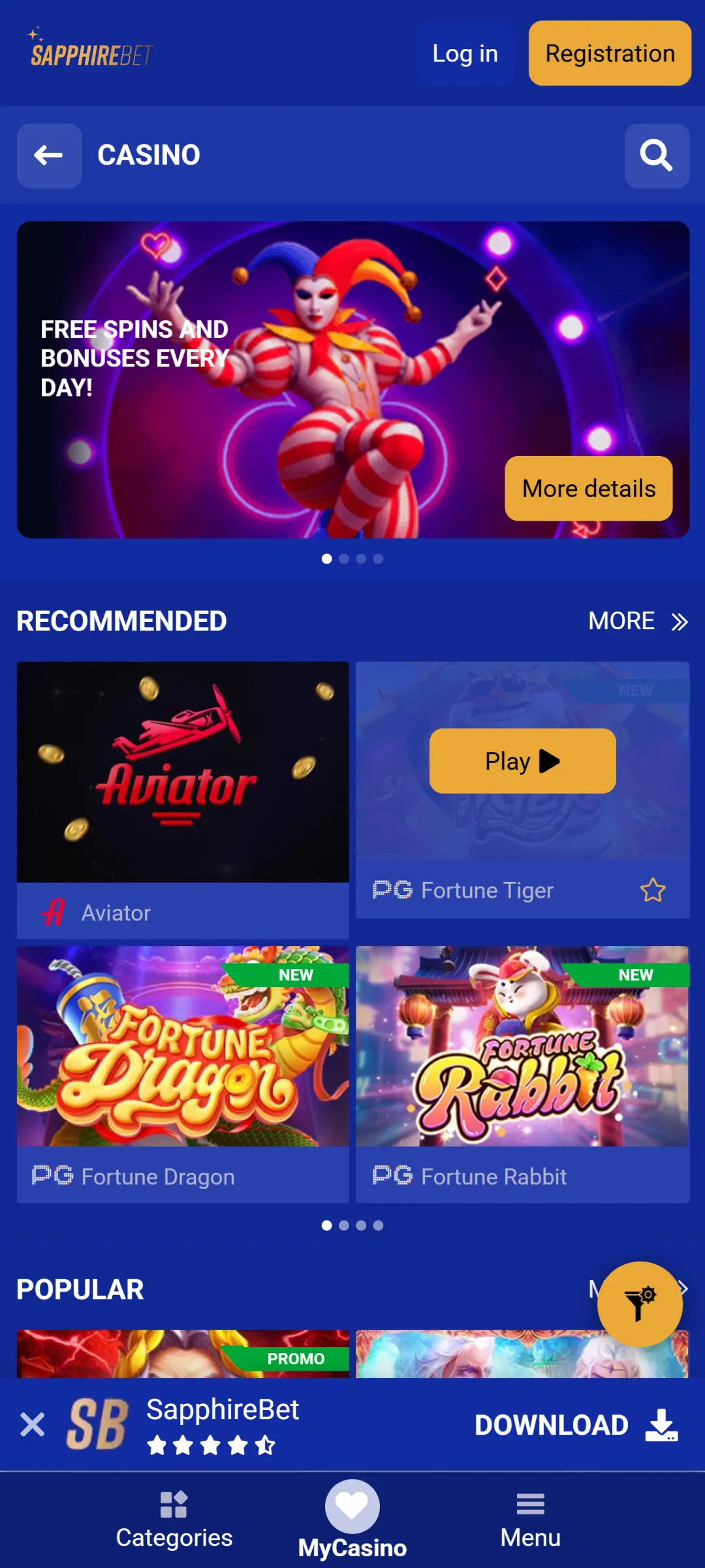 Visit the Sapphirebet app casino lobby and play top gambling games.