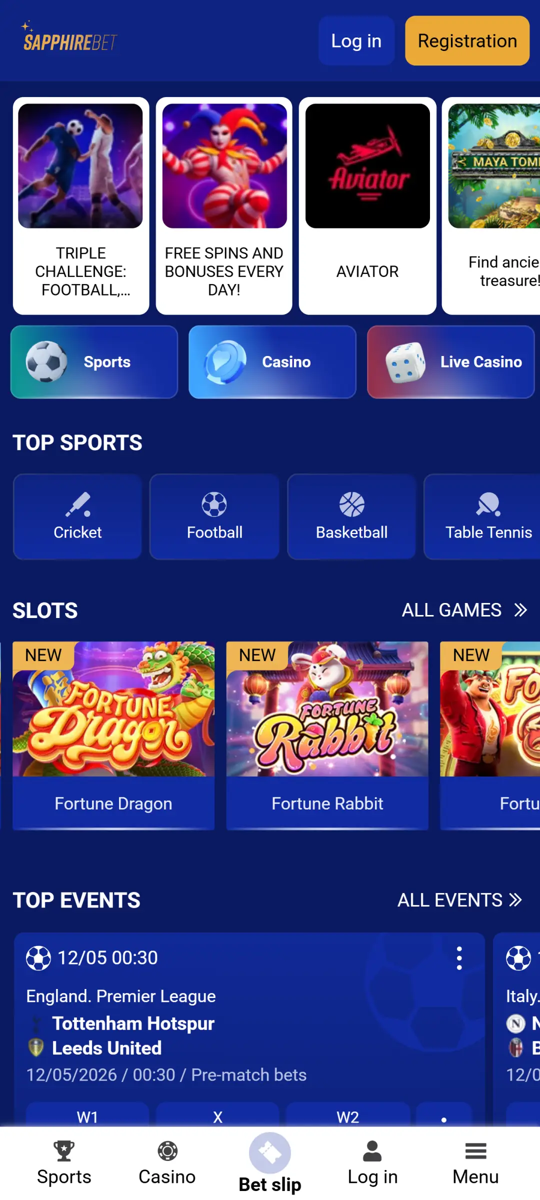 Launch the main interface of the Sapphirebet app to view features.