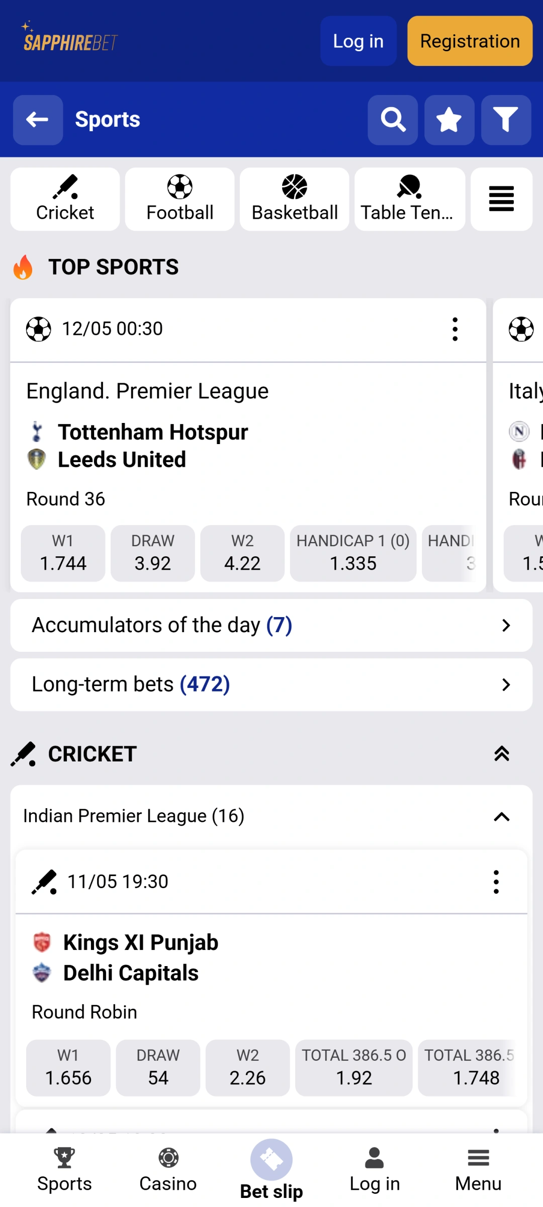 Choose a sport discipline in the Sapphirebet app to place bets.