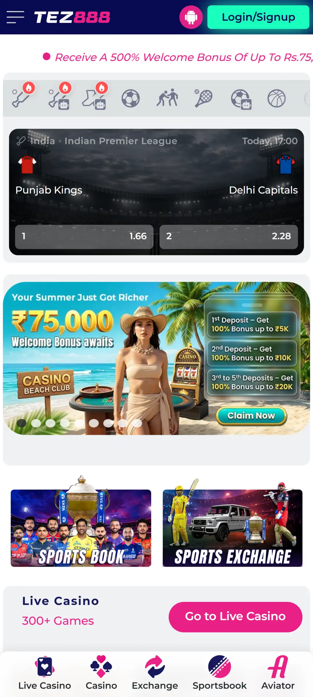Open the main dashboard of the Tez888 app to browse services.