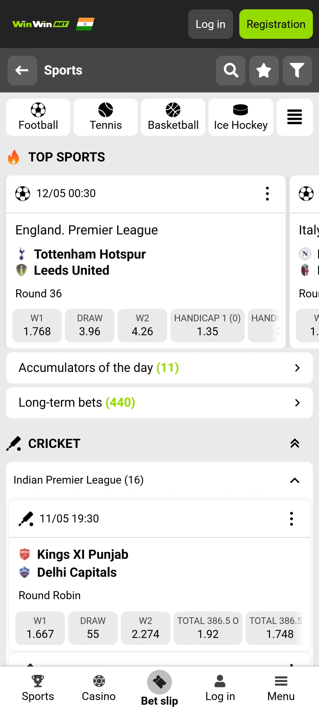 Visit the sport category in the WinWin app and start betting.